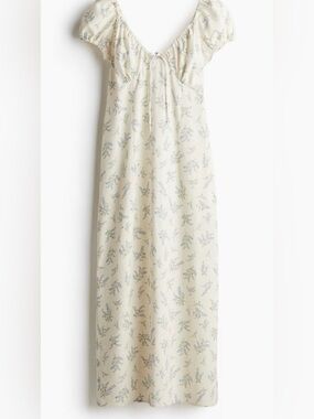 H&M Cream Maxi Linen Blend Dress with Blue and Green Floral Print Size M NWOT